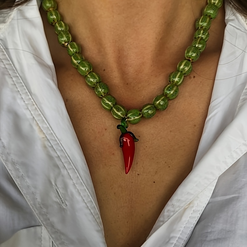 Women's Ceramic Mixed Beaded Chili Pepper Necklace